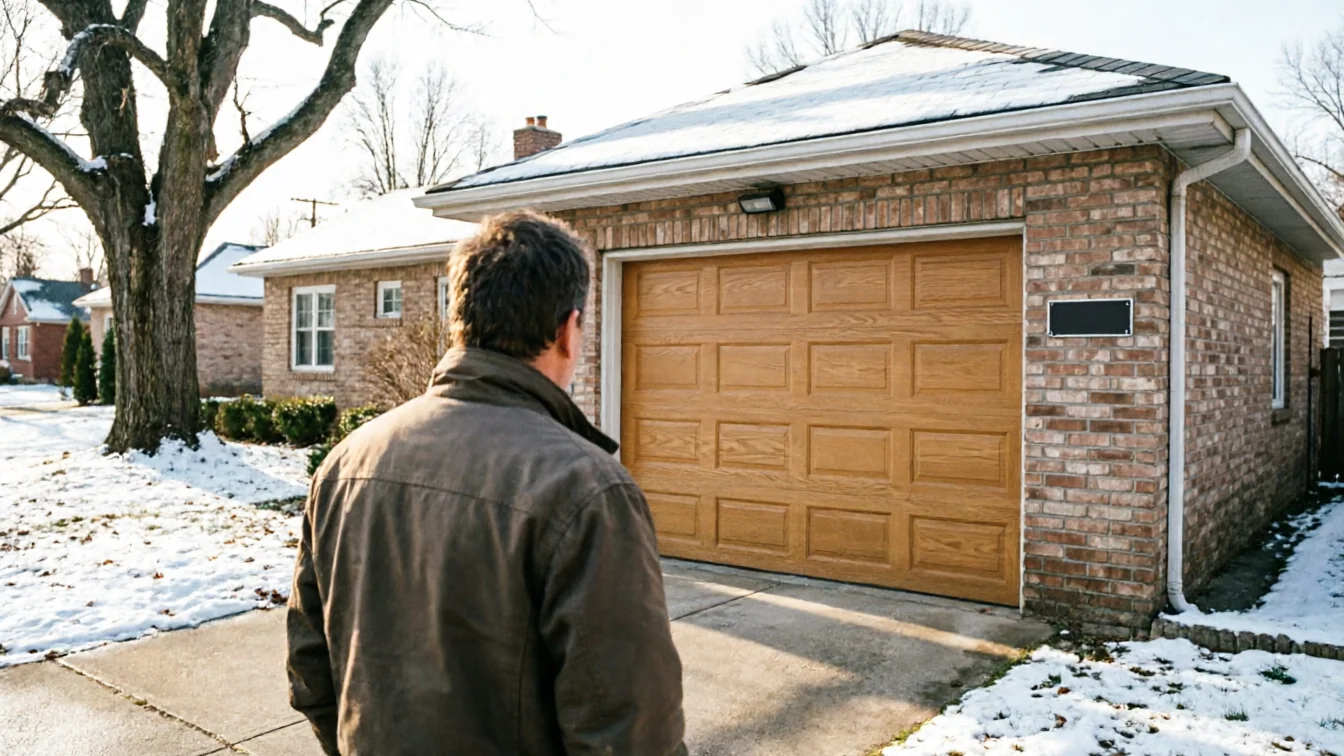A person stands in a snowy driveway looking at a brown garage door on a brick house.