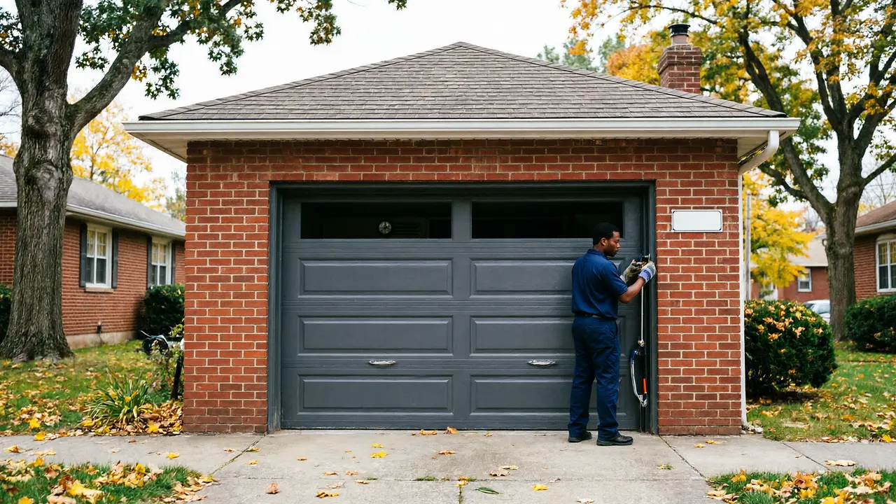 A technician in a blue uniform works on a gray garage door.