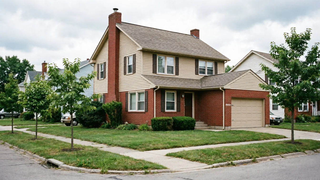 A two-story brick and tan house with a beige garage door and green lawn.