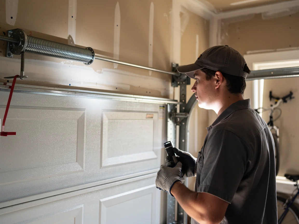 A technician in a gray shirt and cap inspects a white garage door with a flashlight.