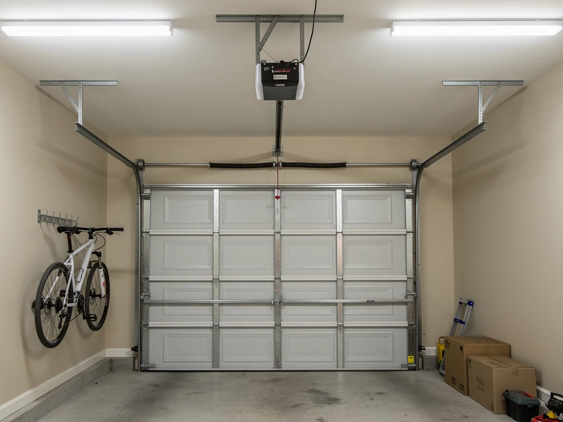 A white garage door is closed in a clean garage with a bicycle on the wall.