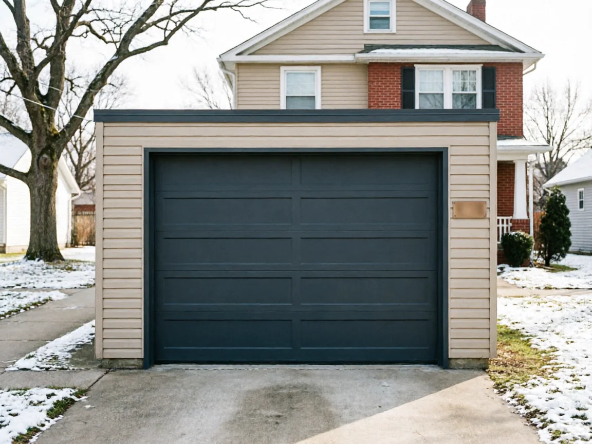 A dark gray garage door is on a tan detached garage in winter.