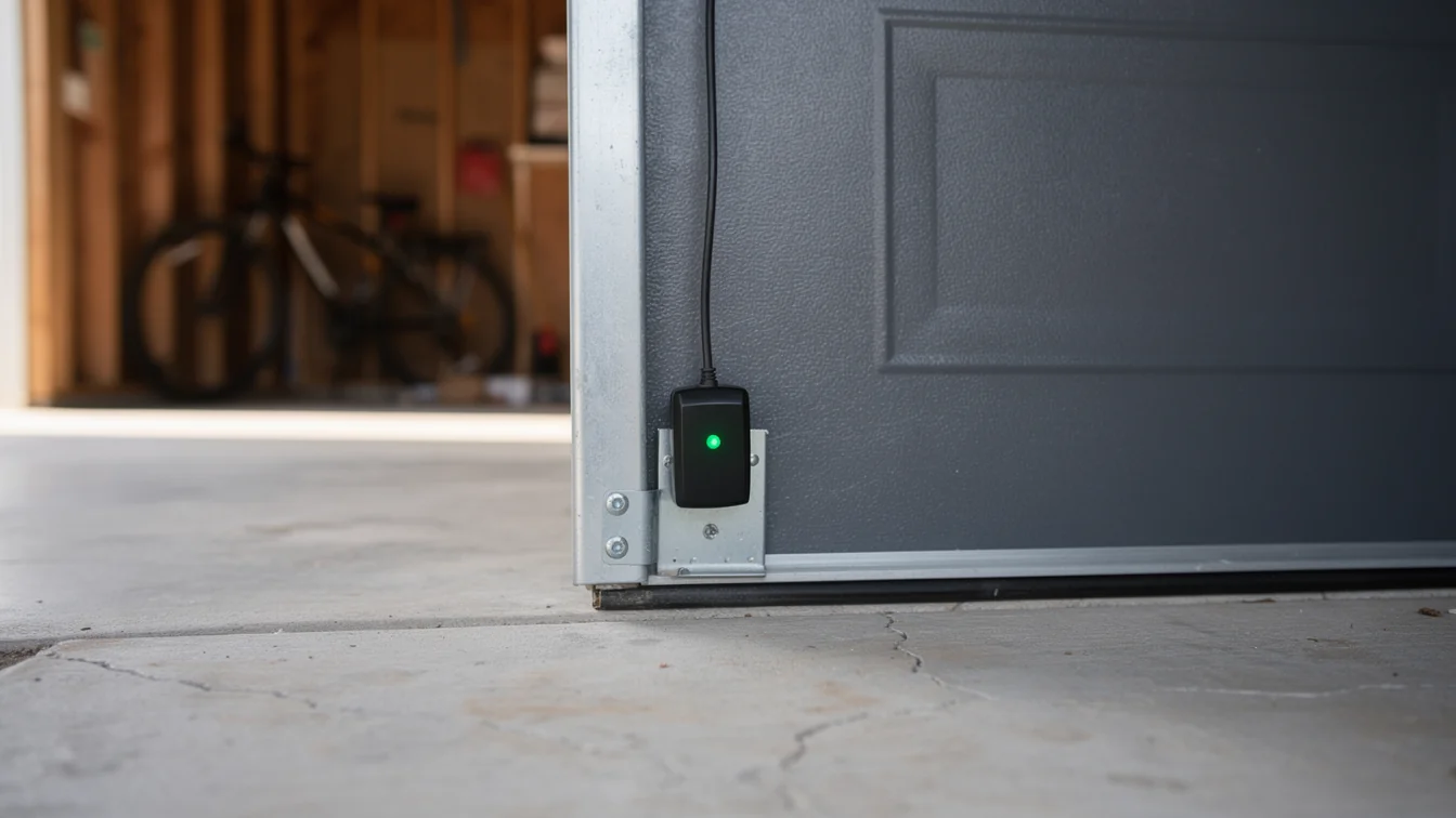 A safety sensor with a green light is mounted on a gray garage door.
