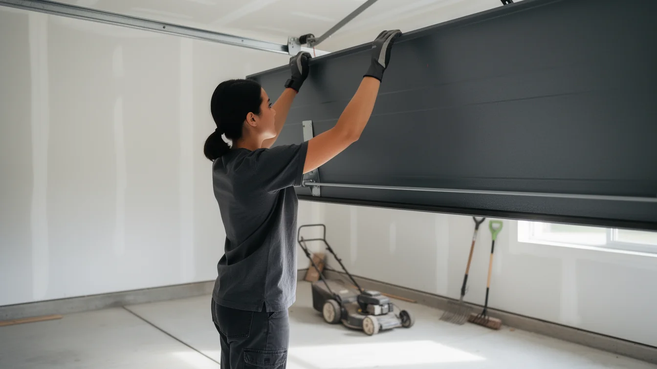 A technician in gloves adjusts a dark gray garage door panel.